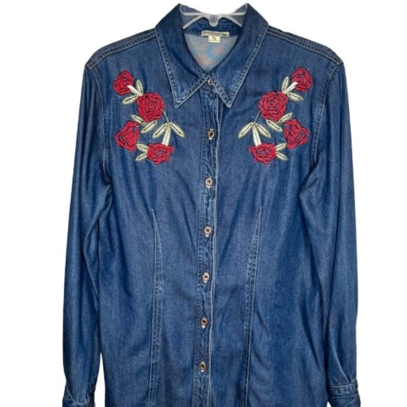Democracy Jeans Western Style Embroidered Shirt Two Step - Roses - S - Picture 1 of 10